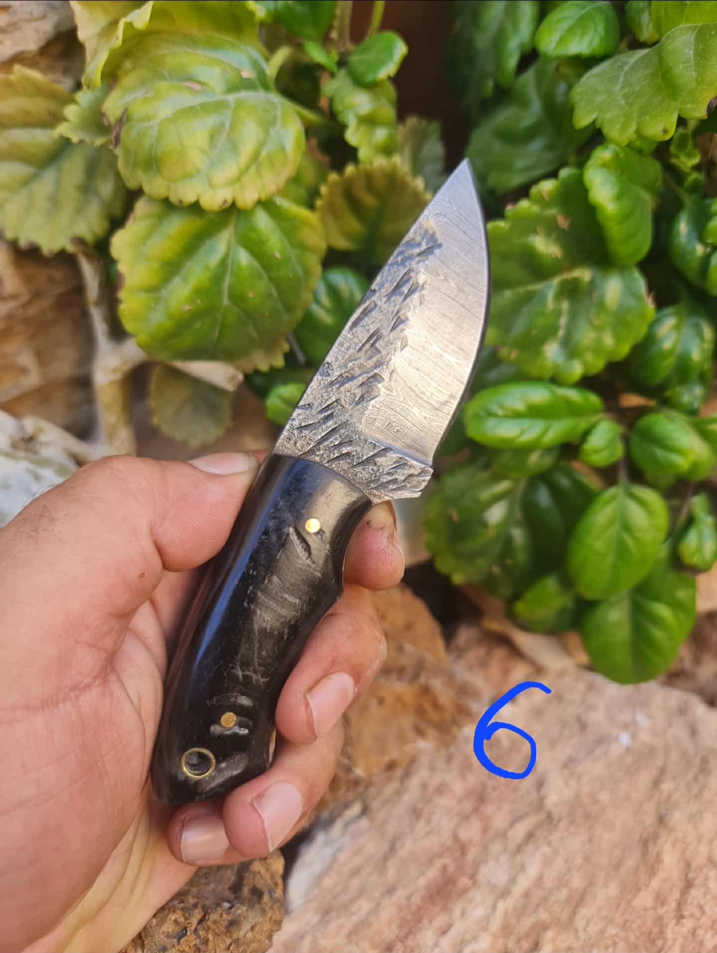 Handmade 15cm Mini Skinner Knife with Damascus Steel & Ram Horn