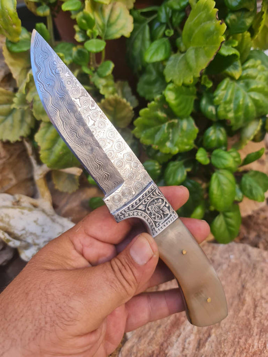 Handmade 22cm Premium Hunting Knife with Raindrop Damascus Steel - Ibex Horn & Stainless Steel with Master Hand-Engraved