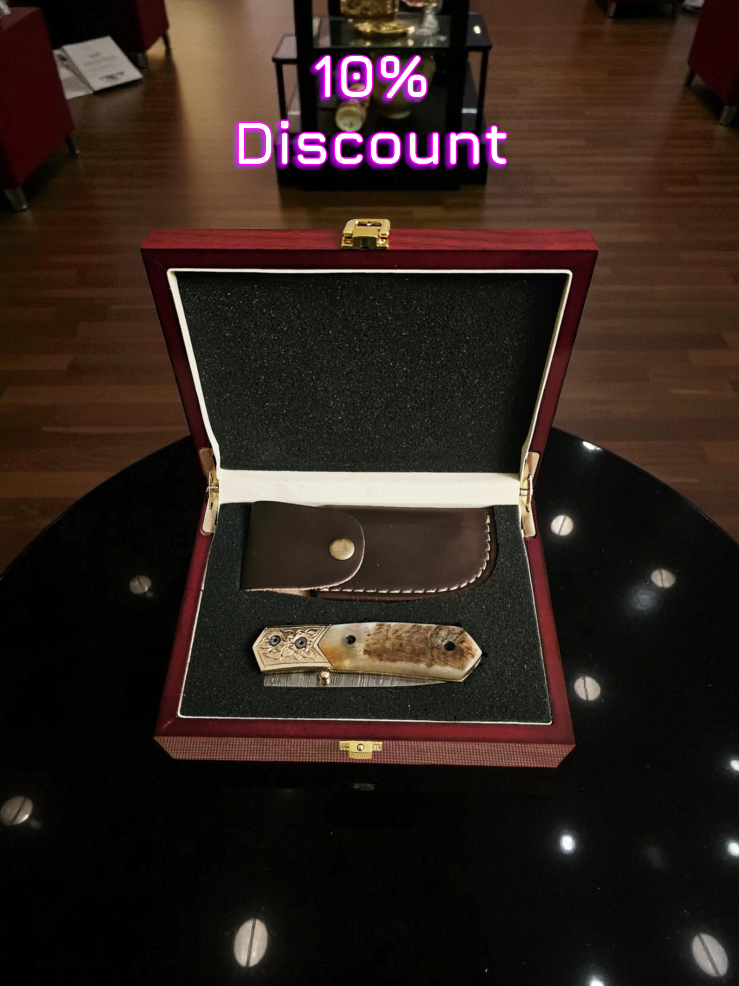 S114G – Handmade Tanto EDC + Leather Sheath & Premium Wooden Gift Box