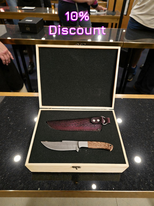 H132G – Handmade Hunting Knife + Leather Sheath & Wooden Gift Box