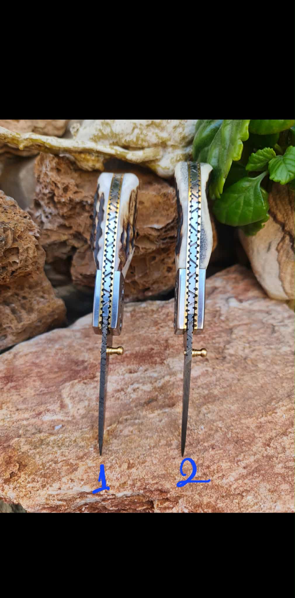 Handmade Limited Edition with Serial Number 16cm Knives with Damascus Steel - Red Deer antler & Hand Engraved Stainless Steel D2 (Exclusive Knife with Serial Number)