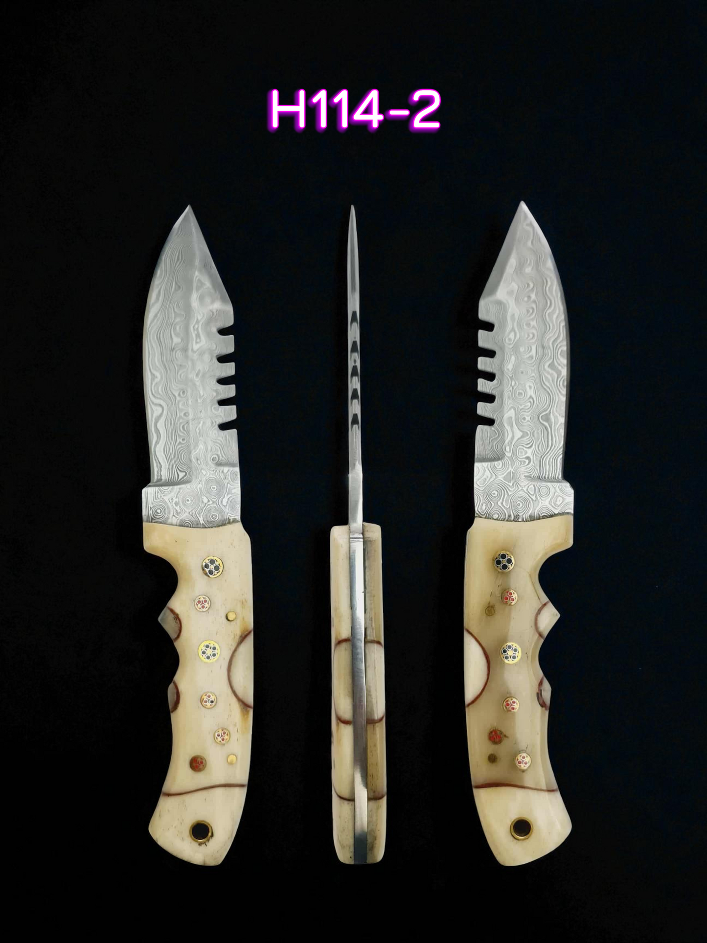 H114 Handmade Hunting Knife - Raindrop Damascus Steel & Camel Bone