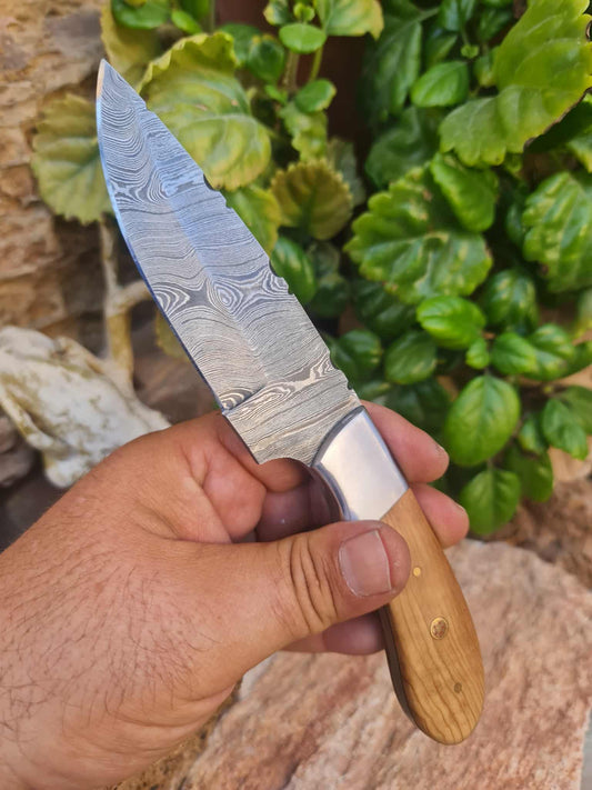 Handmade 22cm Skinner Knife with Damascus Steel - Olive wood & D2 Stainless Steel