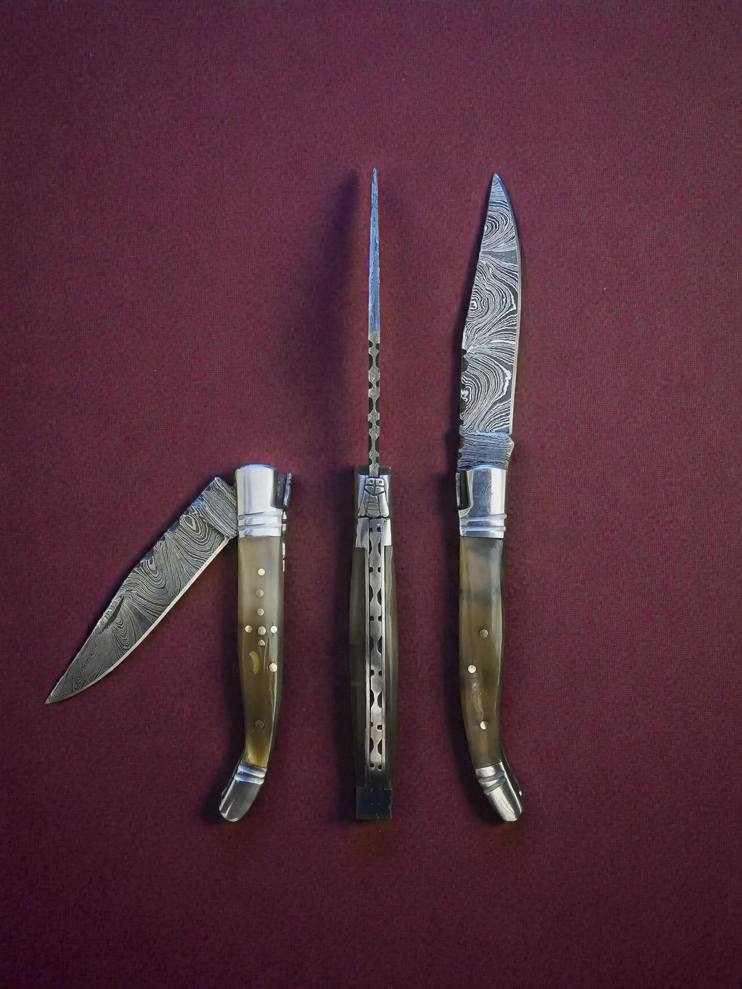 F025 - Χειροποίητο Laguiole Rustique από Δαμασκηνό Ατσάλι & Κέρατο κριαριού