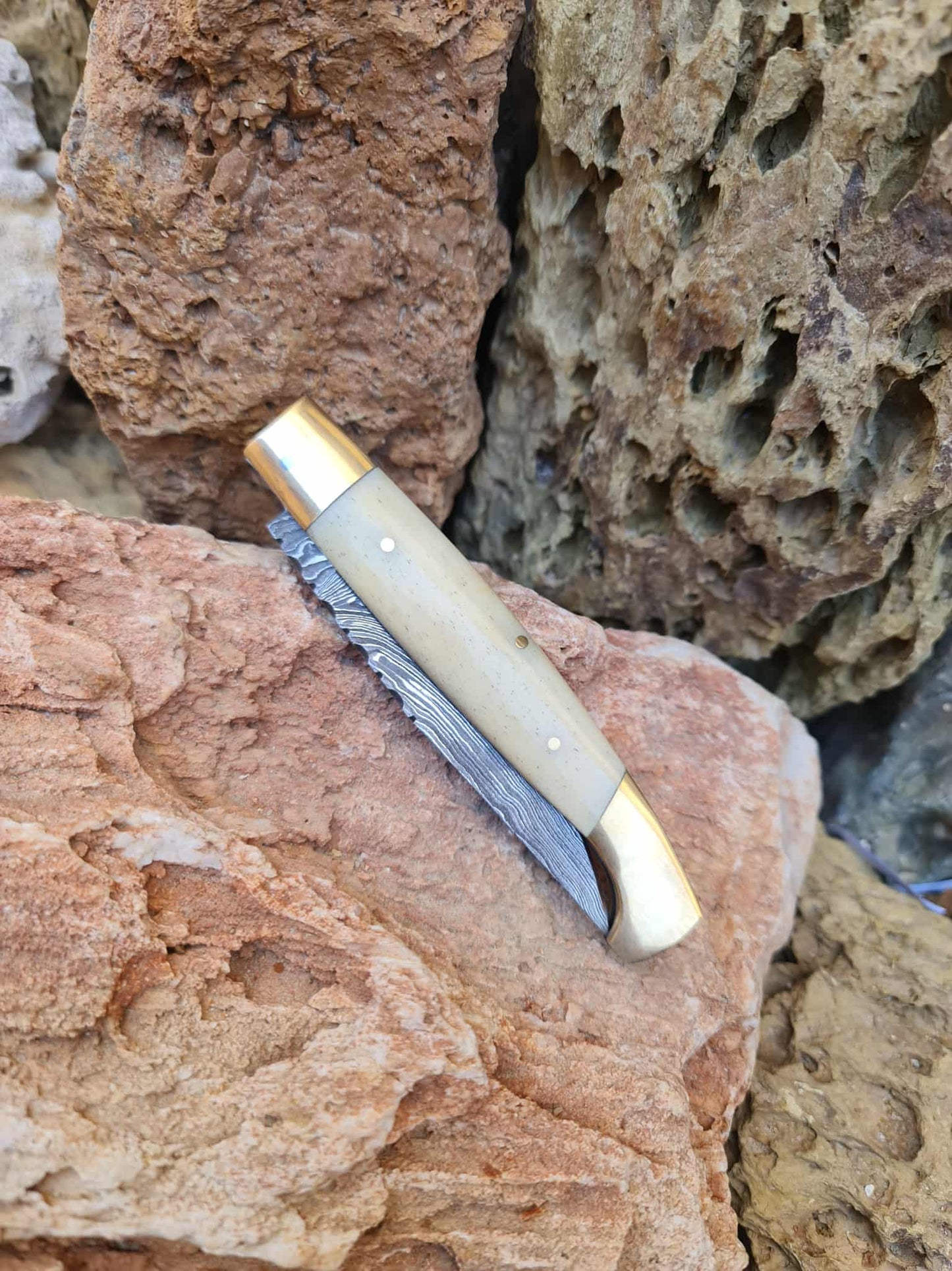 Handmade Resolza Pattadese – 23cm Italian Style Folding Knife with Damascus Steel - Brass & Camel Bone