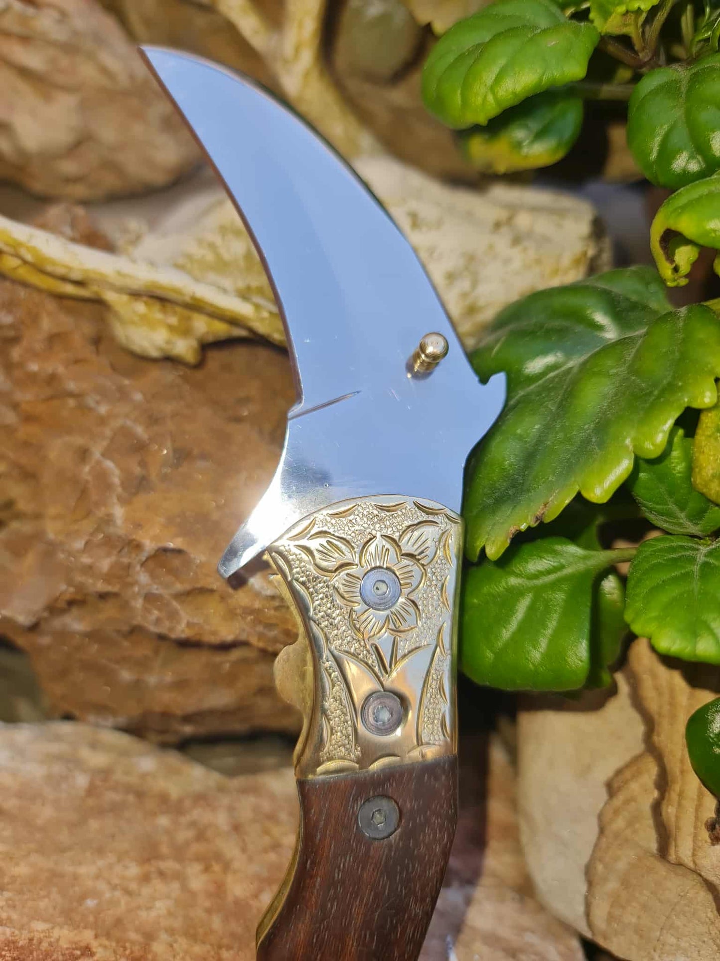 Handmade Karambit – 19cm Folding Knife with Stainless Steel 12C27 - Walnut Wood & Hand Engraved Brass