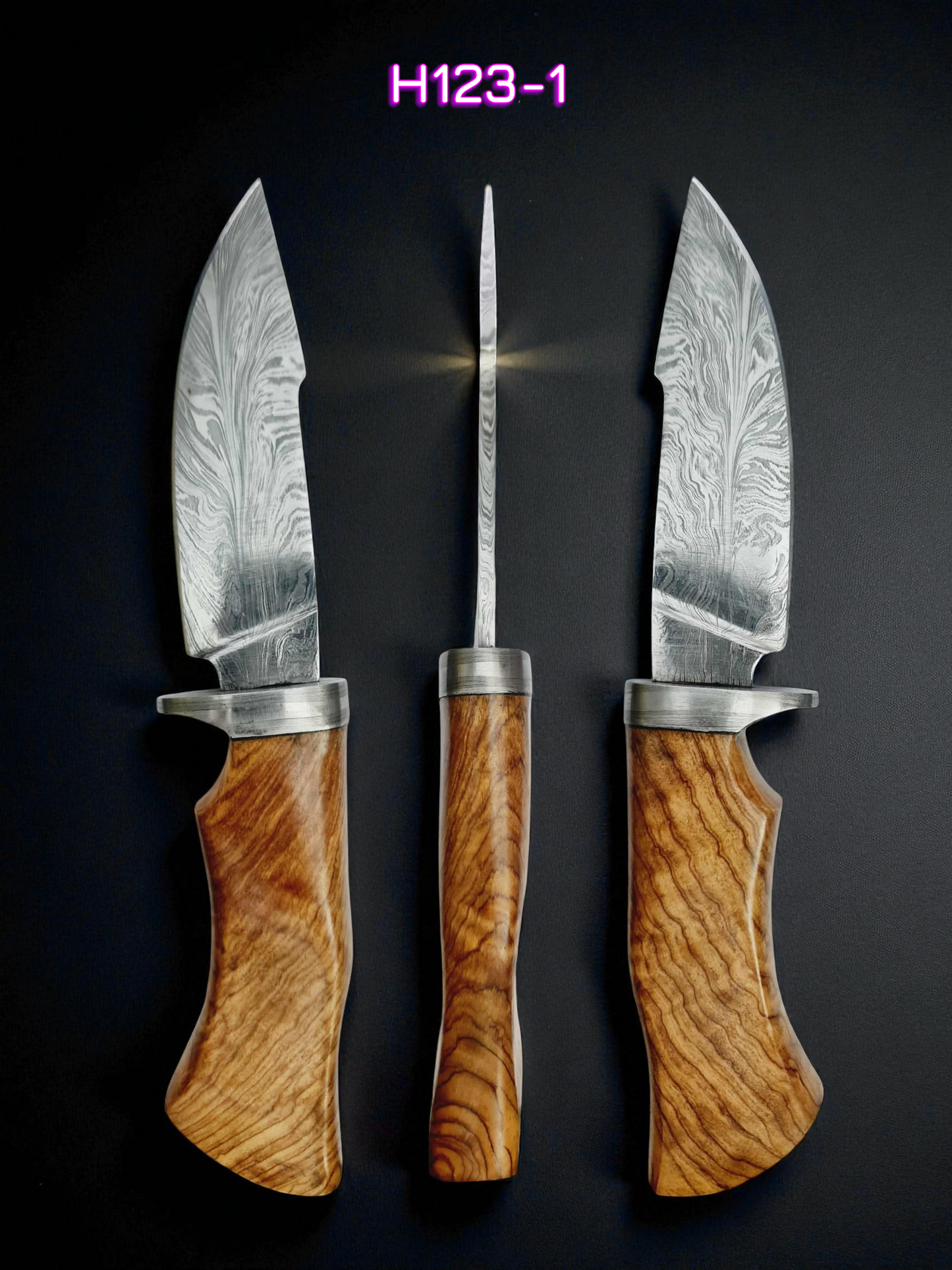 H123 Handmade Hunting Knife - Feather Damascus Steel & Olive wood