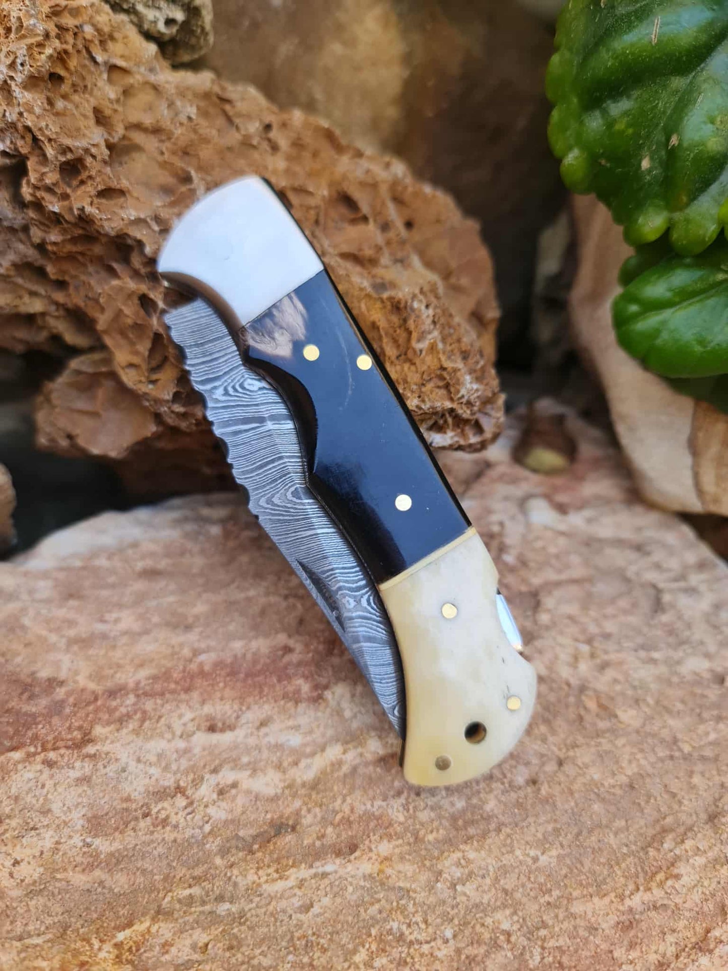 Handmade 19cm Pocket Knife with Damascus Steel - Buffalo Horn - Camel Bone & D2 Stainless Steel