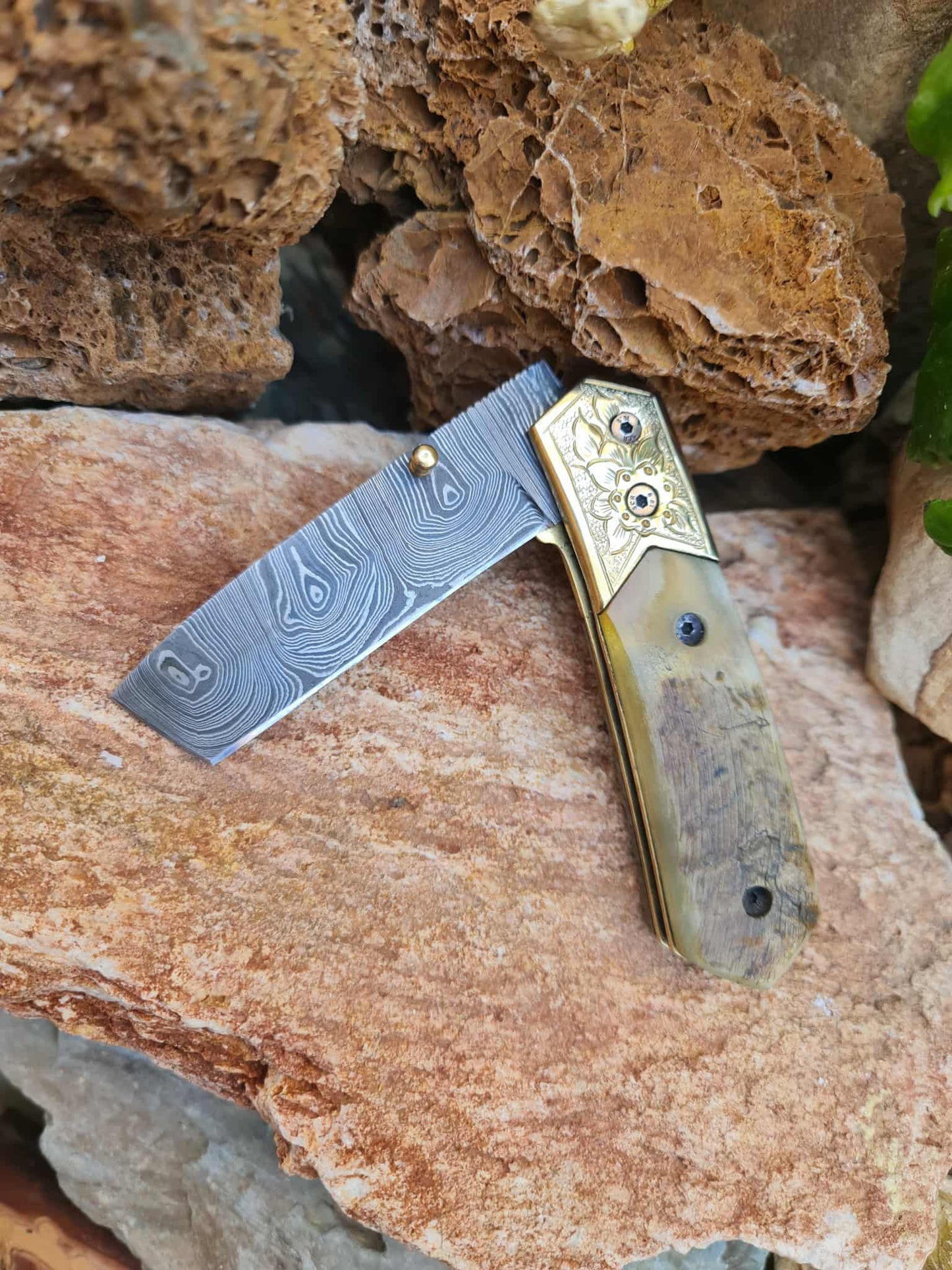 Handmade Limited Edition with Serial Number 20cm Knife with Damascus Steel - Cyprus Wild Mouflon Horn & Hand Engraved Brass (Exclusive Knife with Serial Number & Exclusive Gift Box)