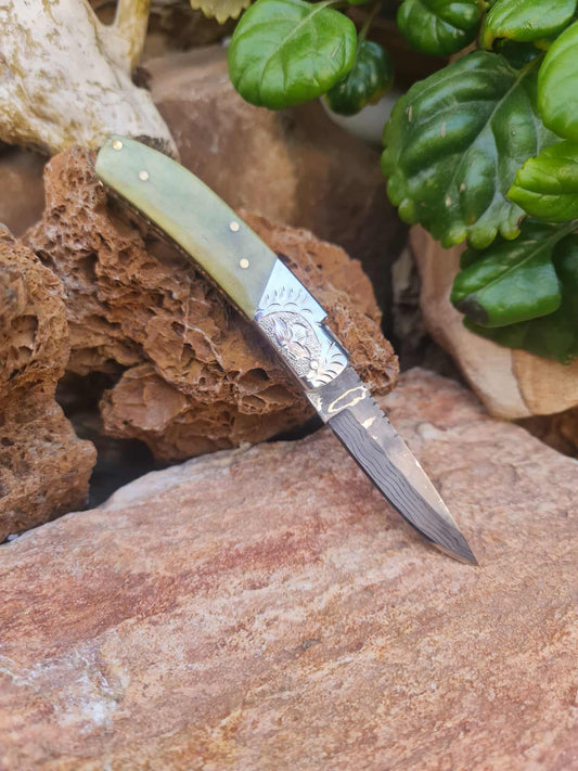 Handmade 16cm Laguiole de Poche with Stainless Damascus® - Stabilized Camel Bone & Hand Engraved AEB-L Steel