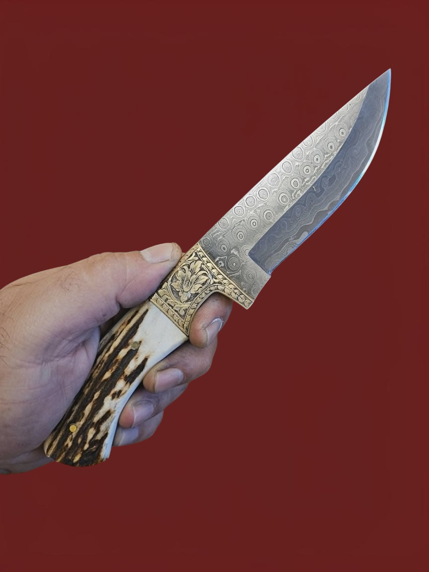 R026 - Hunting Knife - Damascus Steel & Horn