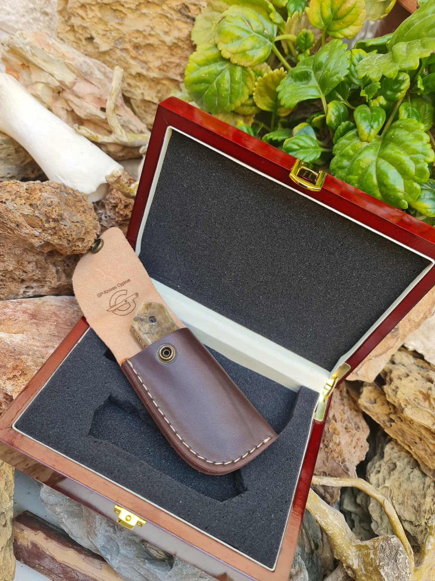 Handmade Limited Edition with Serial Number 20cm Knife with Damascus Steel - Cyprus Wild Mouflon Horn & Hand Engraved Brass (Exclusive Knife with Serial Number & Exclusive Gift Box)
