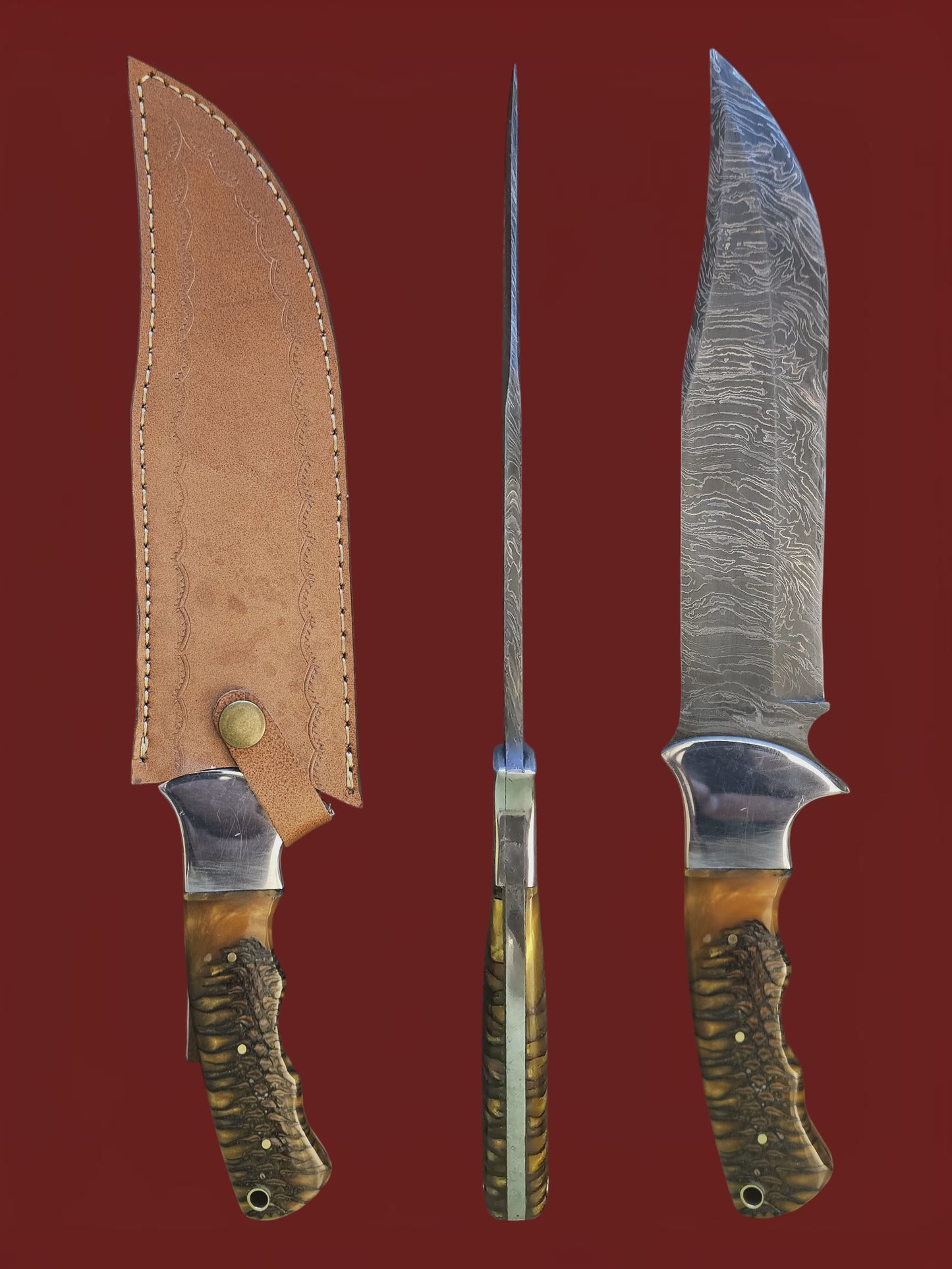 R048 Hunter Drop Point - Damascus Steel & Pine Cone