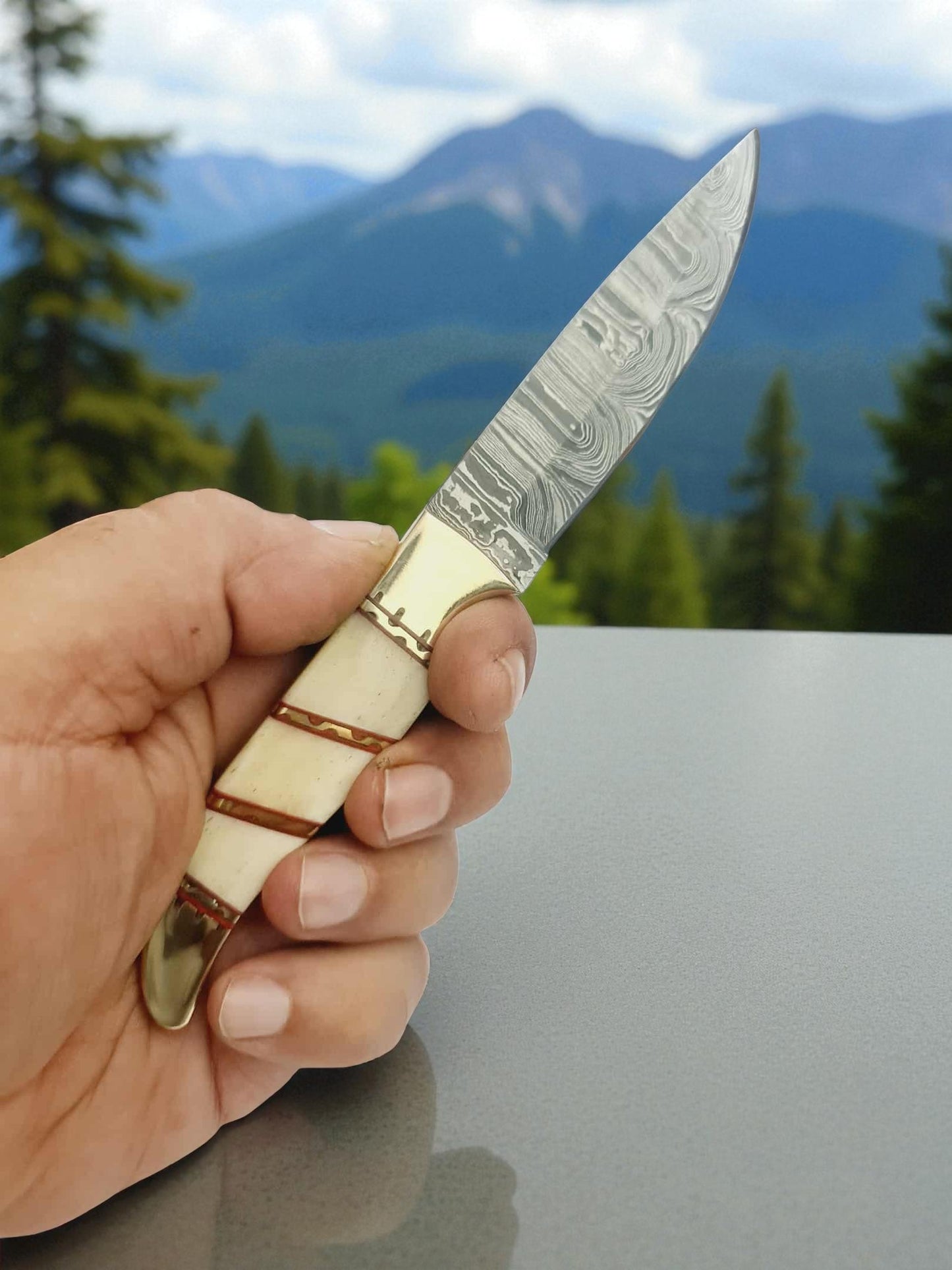 H121 Handmade Mini Hunting Knife - Damascus Steel & Camel Bone