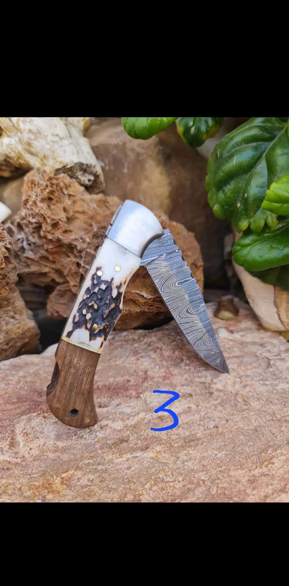 Handmade 19cm Pocket Knife with Damascus Steel - Red deer antler - Walnut wood & D2 Stainless Steel