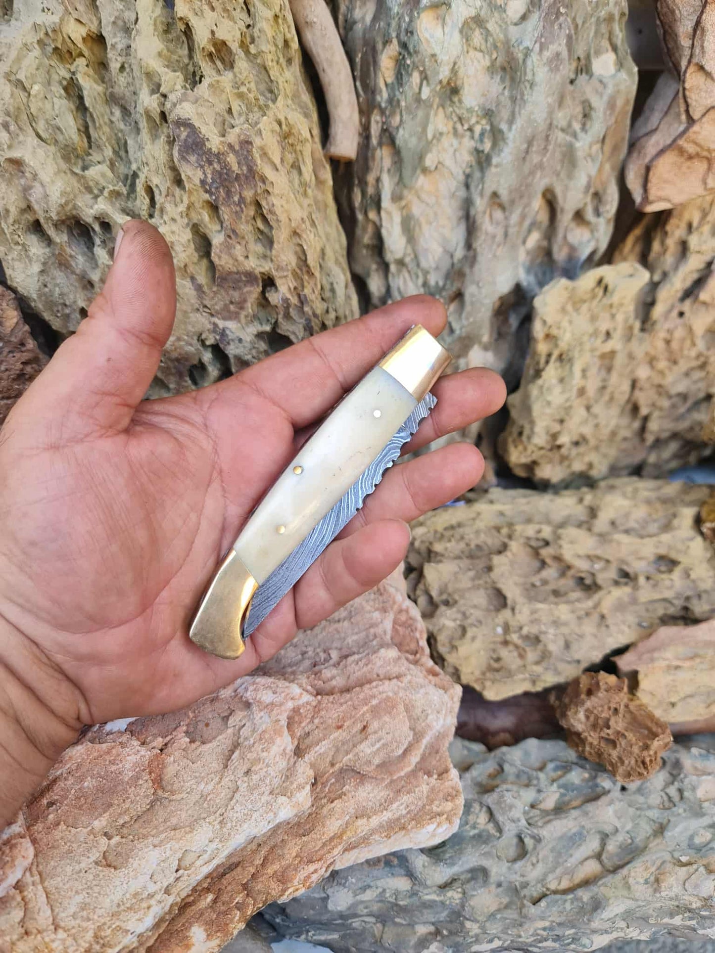 Handmade Resolza Pattadese – 23cm Italian Style Folding Knife with Damascus Steel - Brass & Camel Bone
