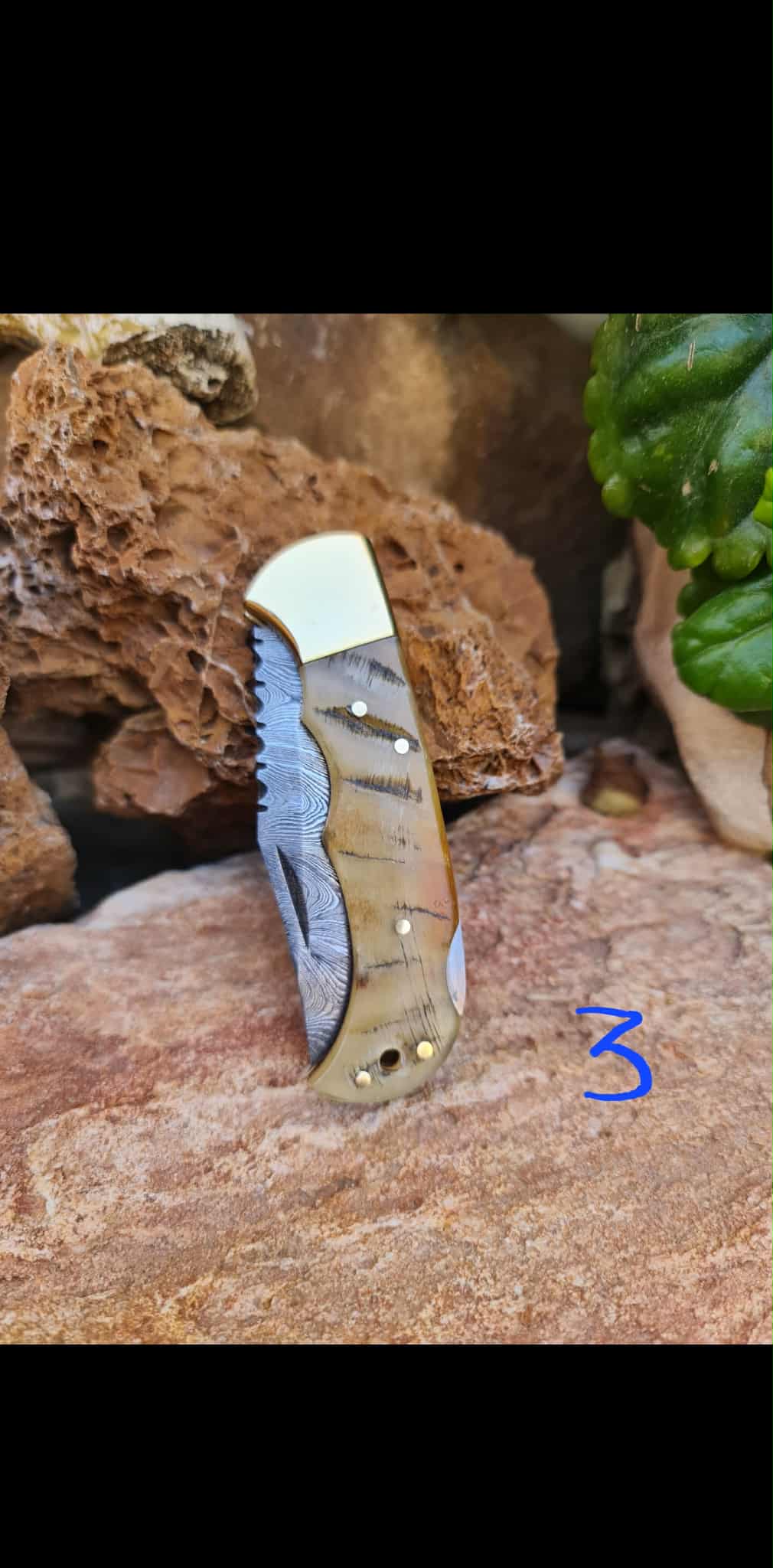 Handmade 17cm Pocket Knife with Damascus Steel - Ram Horn & Brass