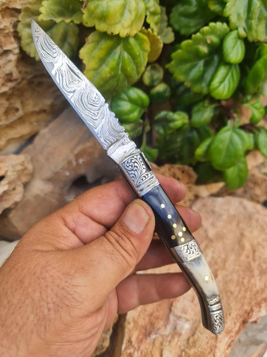 Handmade 22cm Laguiole Rustique with Damascus Steel -  Buffalo Horn - Red Deer antler & 420 Stainless Steel with Master Hand-Engraved