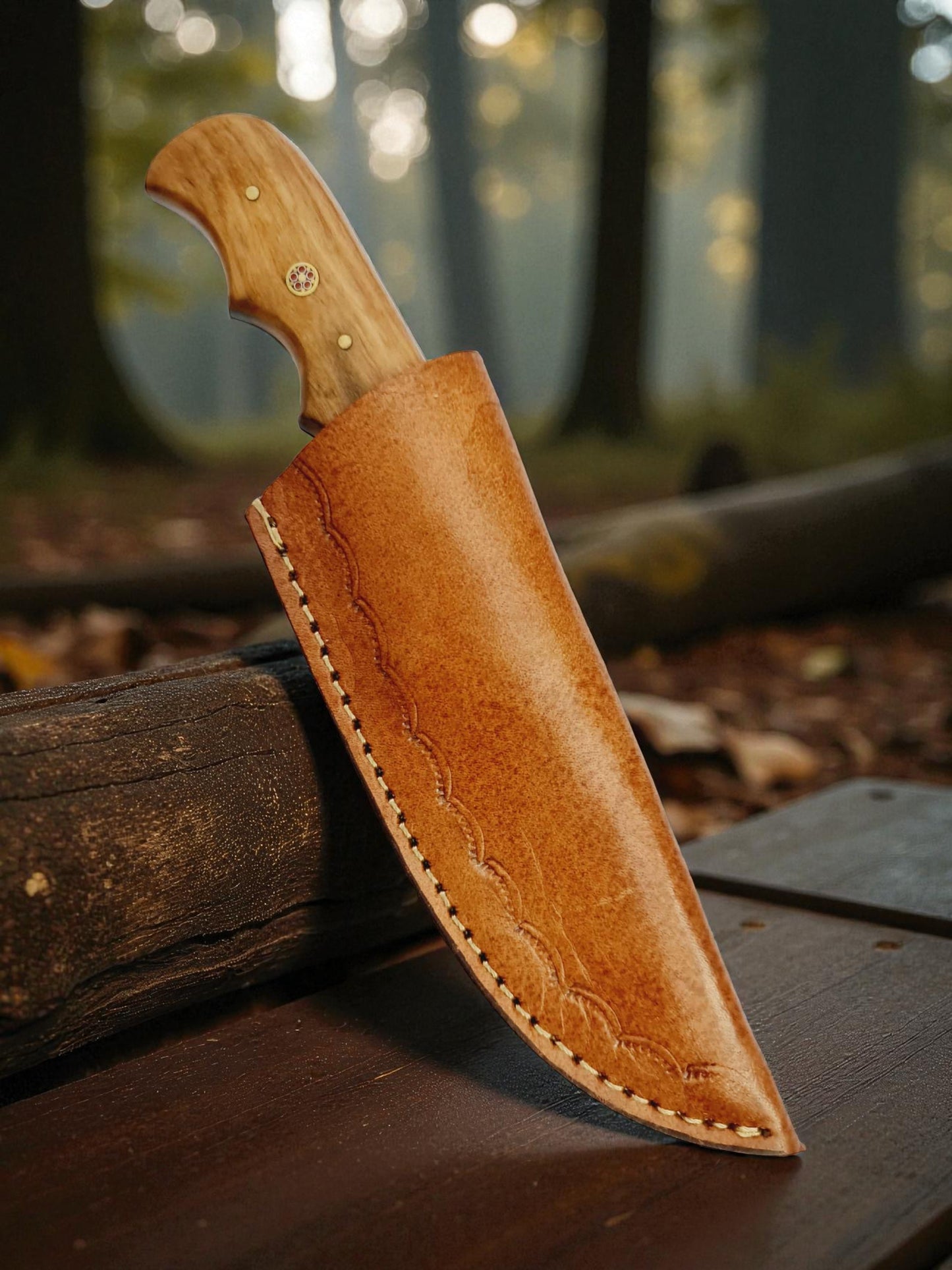 H113 Handmade Hunting Knife - Damascus Steel - Olive wood & Camel Bone