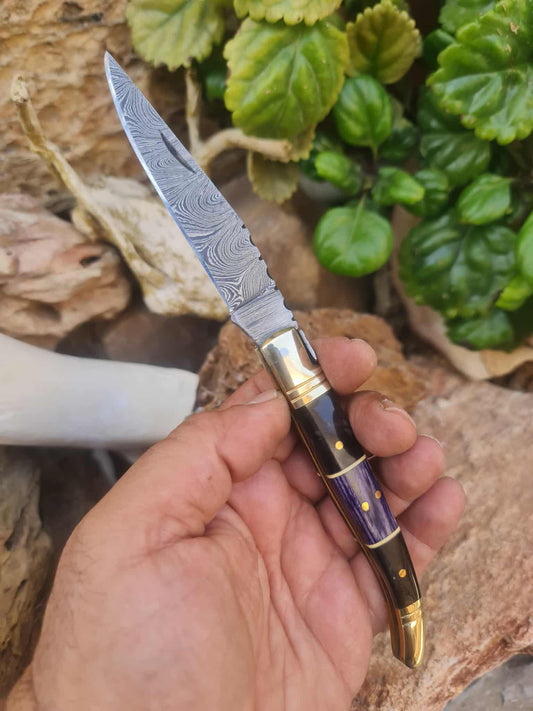 Handmade 22cm Laguiole Classique with Damascus Steel - Buffalo Horn - Stabilized wood & Brass