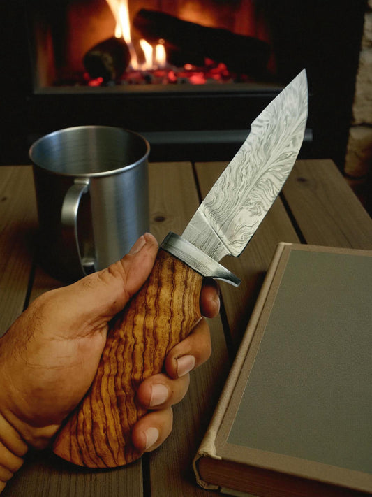 H123 Handmade Hunting Knife - Feather Damascus Steel & Olive wood