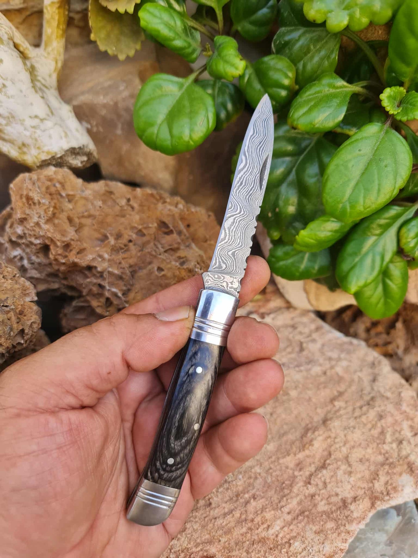 Handmade 18cm Slipjoint Knife with Damascus Steel - Resin wood & D2 Stainless Steel