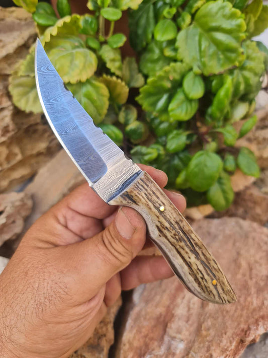 Handmade 21cm Hunting Knife with Damascus Steel & Red Deer antler