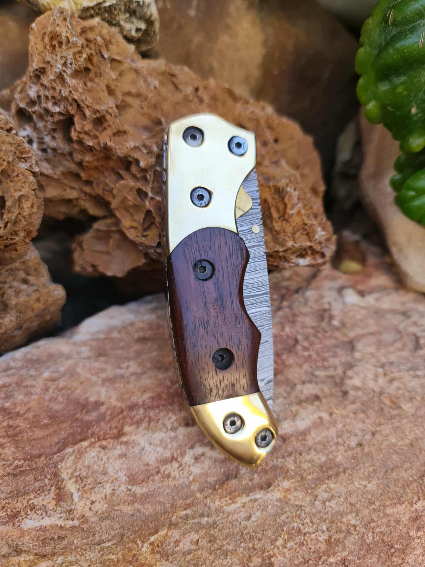 Handmade Tanto – 19cm Folding Knife with Damascus Steel - Walnut Wood & Brass