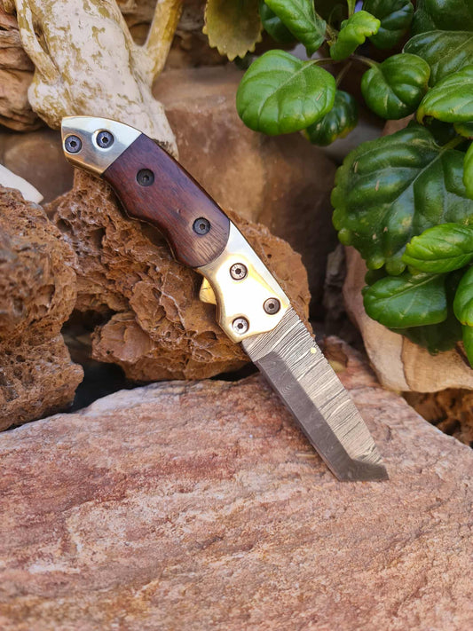 Handmade Tanto – 19cm Folding Knife with Damascus Steel - Walnut Wood & Brass