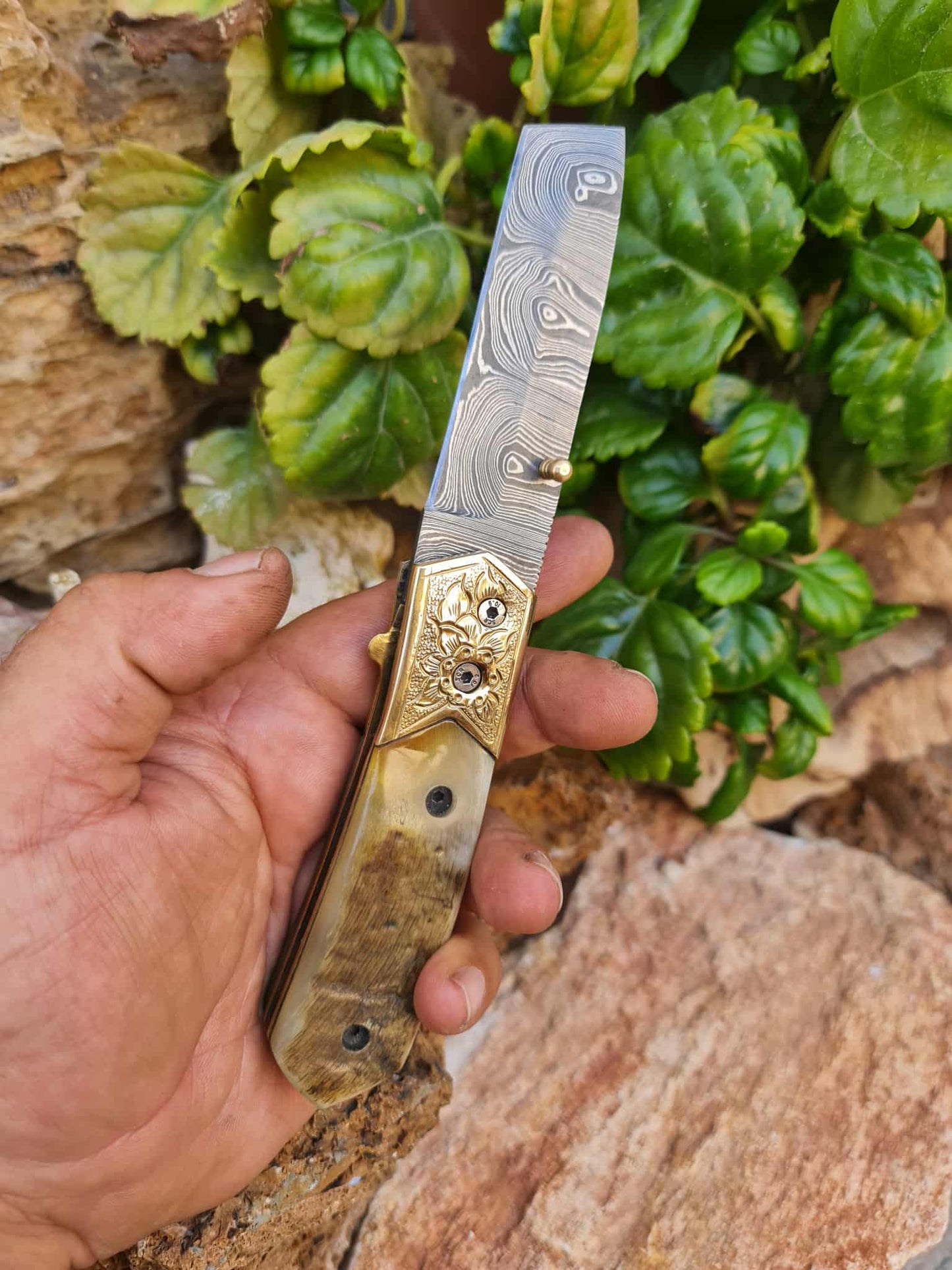 Handmade Limited Edition with Serial Number 20cm Knife with Damascus Steel - Cyprus Wild Mouflon Horn & Hand Engraved Brass (Exclusive Knife with Serial Number & Exclusive Gift Box)