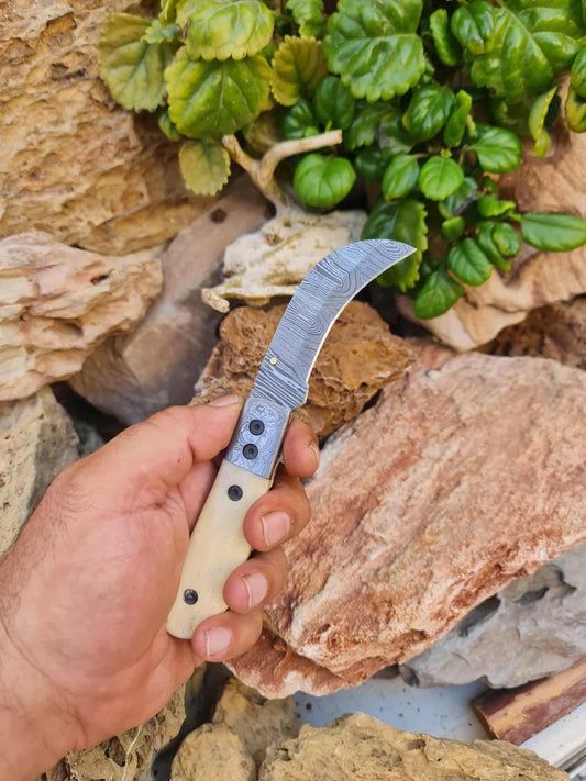 Handmade Hawkbill – 18cm Folding Knife with Damascus Steel & Camel Bone