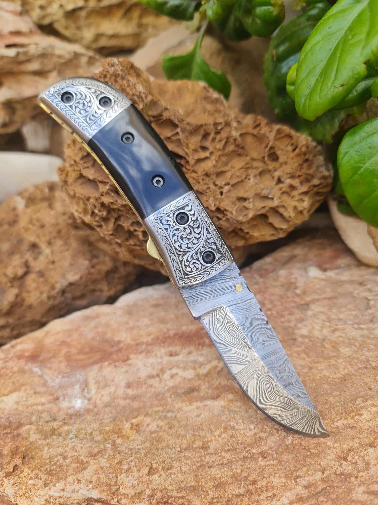 Handmade Limited Edition with Serial Number 18cm Knife with 420 Stainless Steel with Master Hand-Engraved - Buffalo Horn & Damascus Steel
