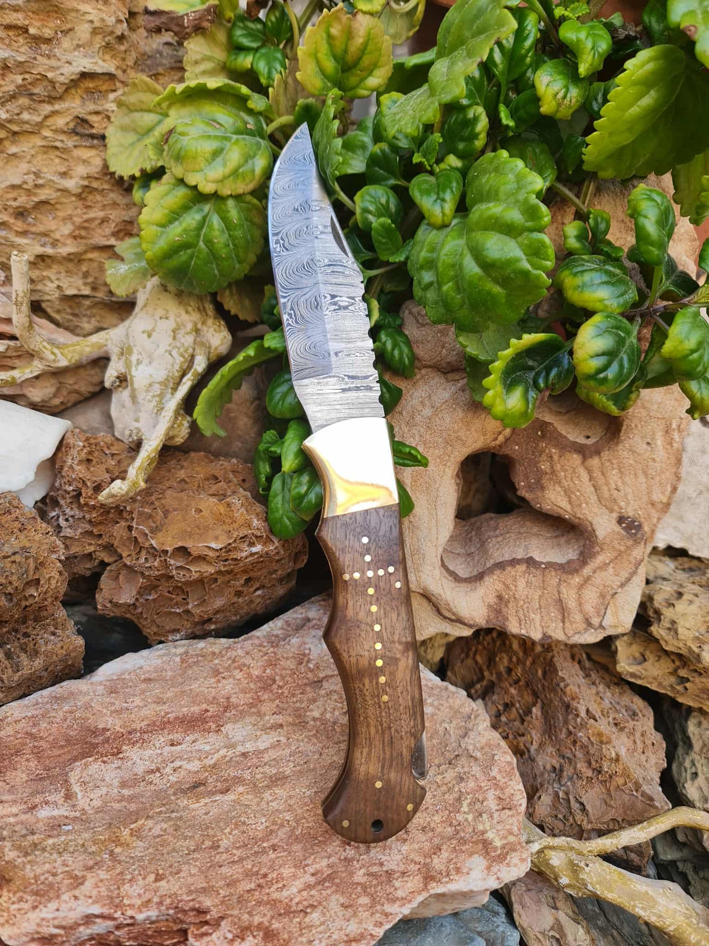 Handmade Tactical – 30cm Folding Knife with Damascus Steel - Walnut Wood & Brass