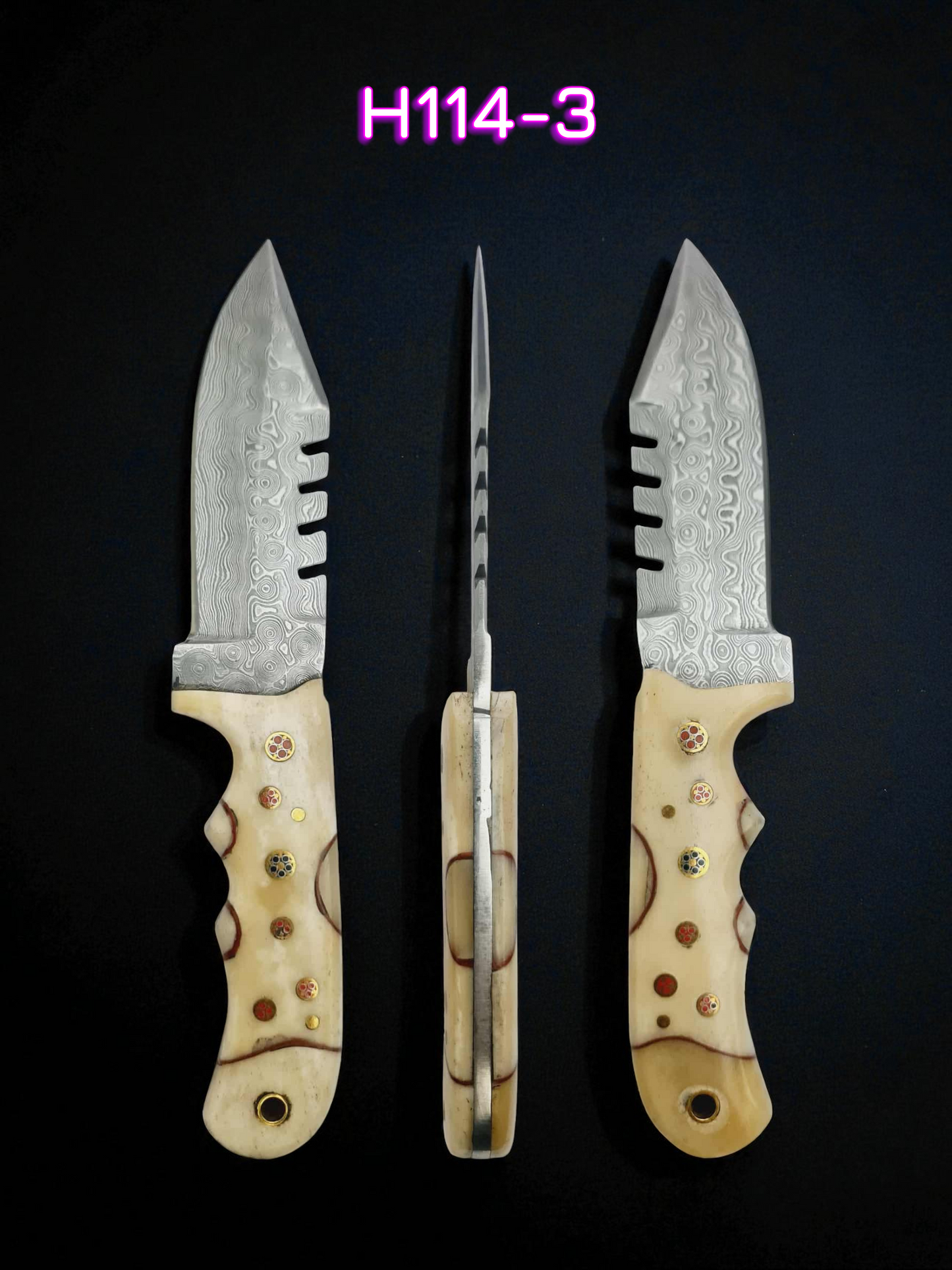 H114 Handmade Hunting Knife - Raindrop Damascus Steel & Camel Bone