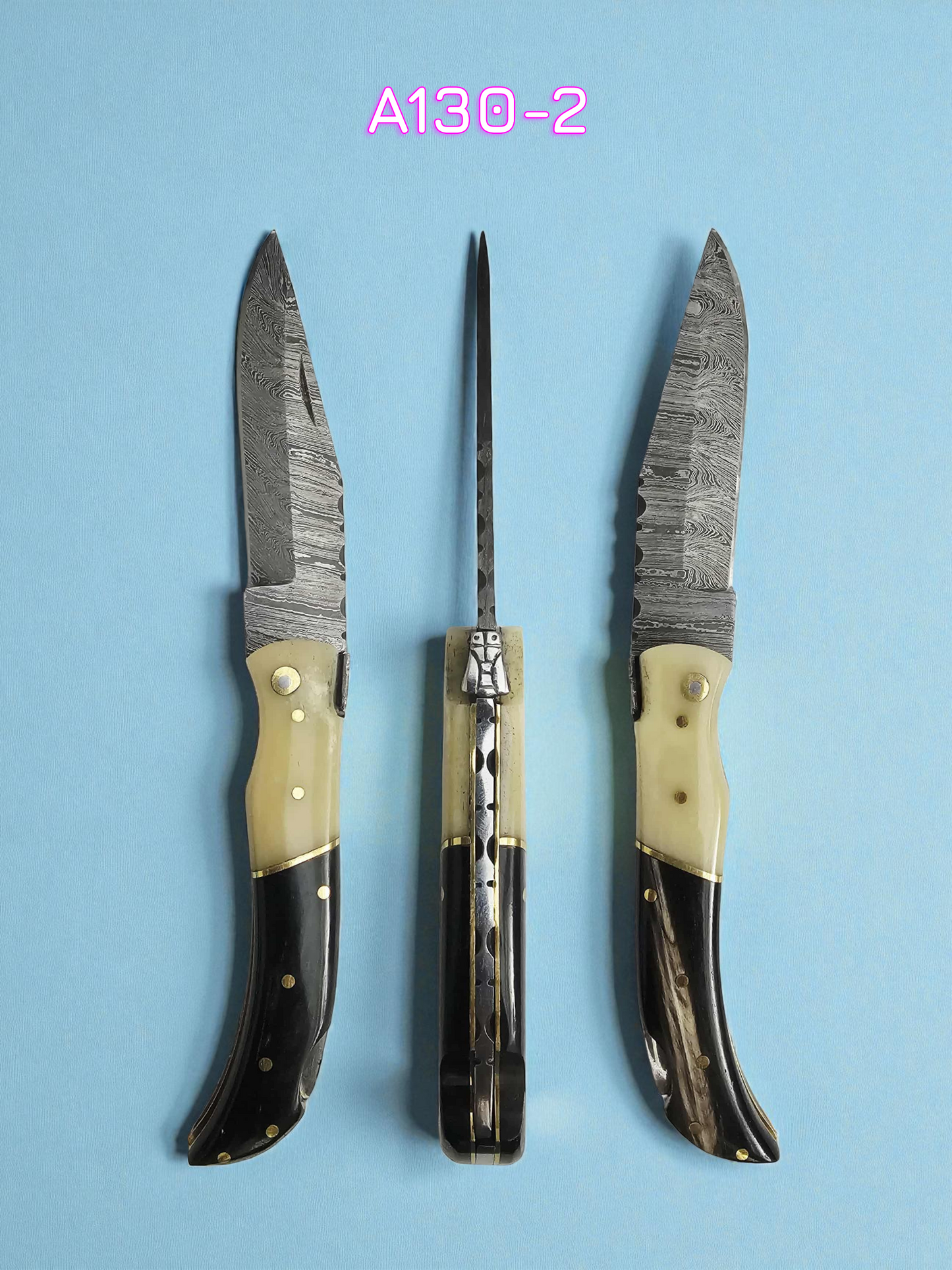 A130 Handmade Laguiole Élite - Damascus Steel - Camel Bone & Buffalo Horn