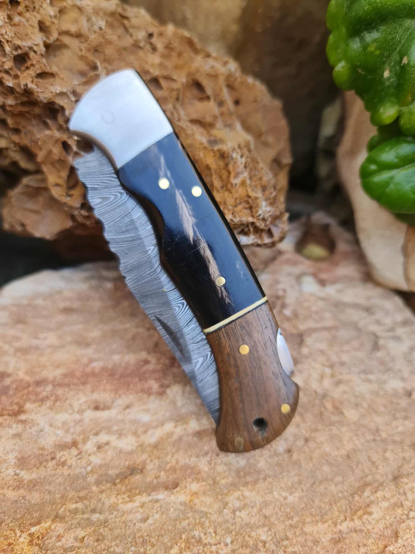 Handmade 19cm Pocket Knife with Damascus Steel - Buffalo Horn - Walnut Wood & D2 Stainless Steel